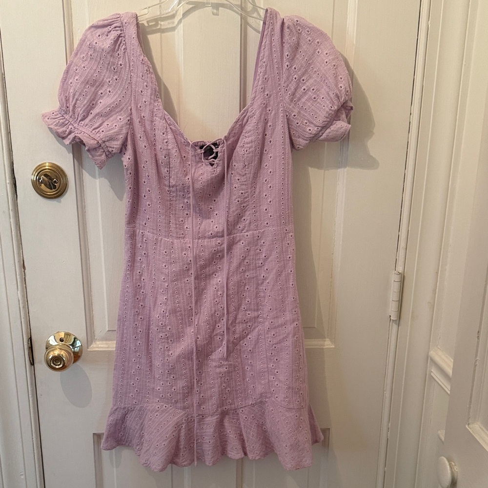 Bloomingdale’s Aqua Lilac feminine Eyelet Dress w ruffle hem & puffed sleeves!
